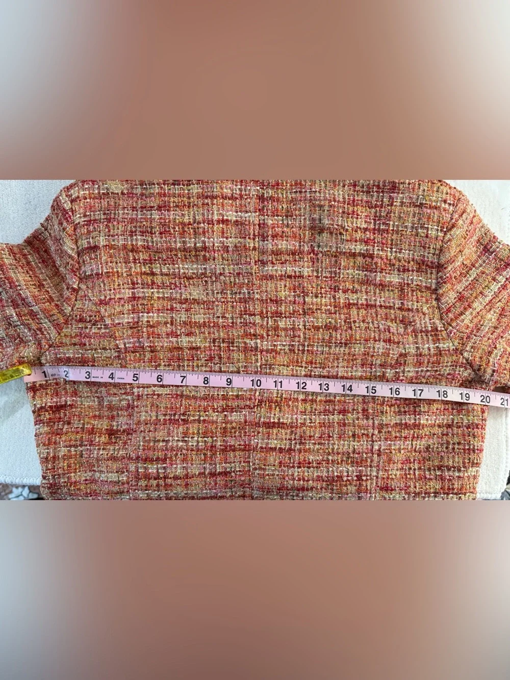 Chico’s Beaded Tweed Jacket Peach Orange Boucle Career Chic SZ 1 Classic Preppy